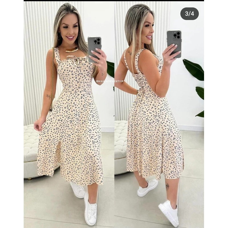 Vestido Mídi Romântico Estampado Floral com Alça e Elastex Cruzado